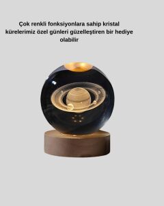 Ahşap Tabanlı 3D Satürn Kristal Küre Atmosfer Lambası