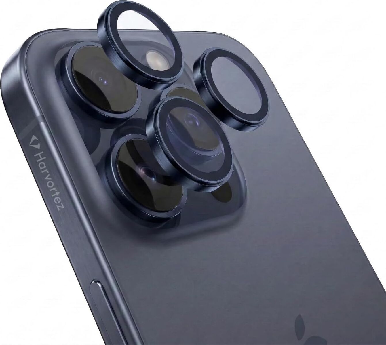 iPhone 15 Pro / 15 Pro Max ile Uyumlu Safir Kamera Lens Koruyucu - Alüminyum Çerçeveli, Hizalama Aparatlı, Su Geçirmez Glue Layer,%95+ Kristal Netlikte 9h Safir Cam - Mavi Titanyum