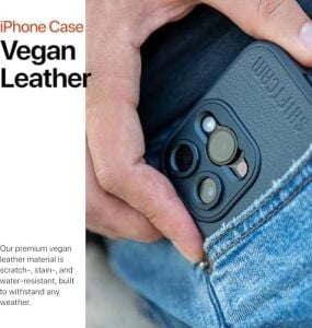 Lens Montajlı Kamera Kılıfı iPhone 15 Pro Max Için Antrasit Vegan Deri Qi Kablosuz Şarj Magsafe Uyumlu