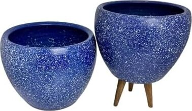 Bitki Tasarımı Ev Dekorasyon Lacivert Granit Toprak Saksı Saksılık Salon Çiçeklik Ikili Set Ayaksız - 3 Ayaklı- 15 cm