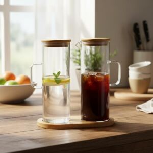 2'li Şeffaf Cam Yağdanlık ve Sirkelik Seti - Bambu Kapaklı ve Özel Standlı Masaüstü Yağlık (190 Ml)