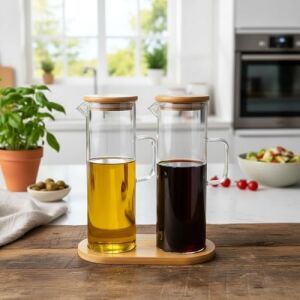 2'li Şeffaf Cam Yağdanlık ve Sirkelik Seti - Bambu Kapaklı ve Özel Standlı Masaüstü Yağlık (190 Ml)