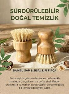 2'li Küçük Bulaşık Fırçası, Ergonomik Bambu Tutma Kısmı, Sisal Lifi Fırça, Güçlü Sürdürülebilir Doğal Temizlik