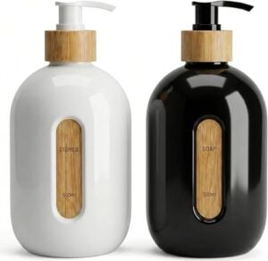 500 ml Cam Sıvı Sabunluk - Bambu Pompalı ve Etiketli Şık Tasarım (1 Adet) Asorit Gönderim