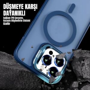 Madnova iPhone 13 Için Kılıf Kamera Korumalı Magsafe Wireless Şarj Özellikli Lens Hediyeli Mat Şeffaf Renkli Standlı Kılıf (Lacivert)