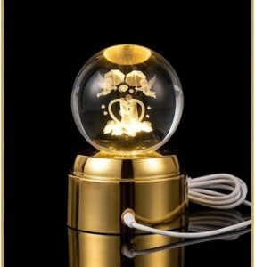 3D Lazer Kazımalı Kristal Top Gece Lambası, Altın Rengi Tabanlı, USB Bağlantılı, Romantik Çift Temalı, Masa Dekoru