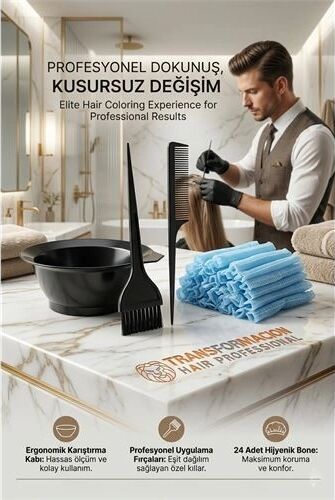 Hair Professional Saç Boyama Seti: 24'lü Bone, Karıştırma Kabı ve Tarak Fırça Takımı Saç Boyama Seti 24 Saç Bonesi 713202
