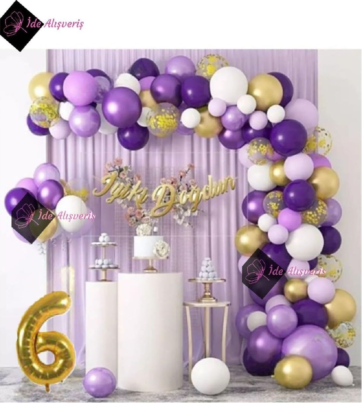 Bkmc 6 Yaş Macaron Mor Balon Zinciri Seti Gölge Mor Altın Balon Dekorasyon BMCNM768