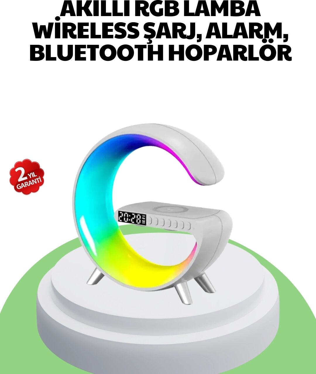 Bluetooth Hoparlörlü Rgb Atmosfer Lambası Kablosuz Şarj ve Saat Özellikli