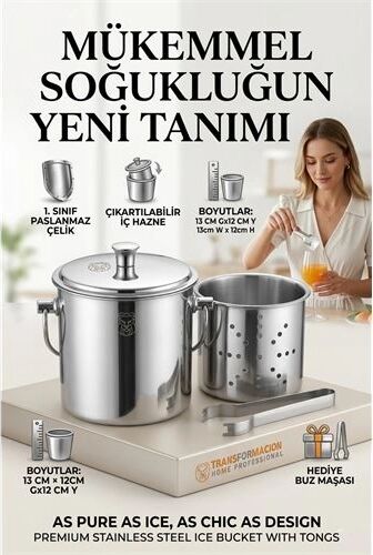 Paslanmaz Inox Parlak Çelik Buz Kovası Seti - Süzgeçli ve Buz Maşası Hediyeli 723145