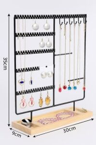 Takı Organizeri, Takı Standı Metal Stand ve Ahşap Taban, 35X30X9.5 Cm, Küpe Kolye Yüzük Düzenleyici, Siyah
