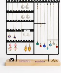 Takı Organizeri, Takı Standı Metal Stand ve Ahşap Taban, 35X30X9.5 Cm, Küpe Kolye Yüzük Düzenleyici, Siyah