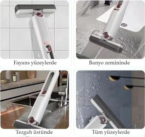 Sıkmalı Mini Mop, Beyaz ve Kırmızı, Kompakt Temizlik Aparatı, Cam Fayans Tezgah Banyo Için, Tek Elle Kullanım, Ergonomik Tasarım