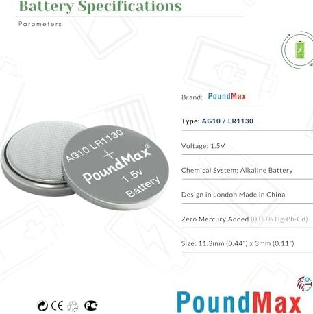 20 x Poundmax AG10 Düğme Hücresi LR1130 1,5V, Alkalin Pil