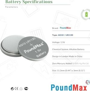 20 x Poundmax AG10 Düğme Hücresi LR1130 1,5V, Alkalin Pil