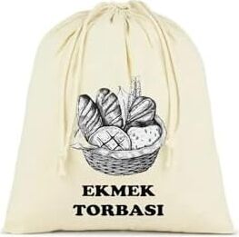 Ekmek Torbası, Pamuk Bez Torba, 40X40 Cm, Baskılı Ekmek Desenli, Krem Rengi