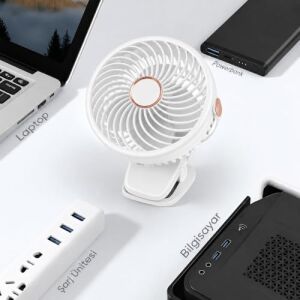 USB Şarjlı Mini Klipsli Masa Vantilatörü, 3 Kademeli Hız, Gece Lambalı, Sessiz, Taşınabilir, Ev Ofis Kamp Için