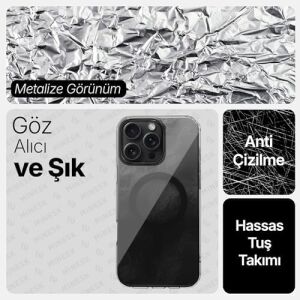 iPhone 16 Plus Için Shinemag Serisi Magsafe ile Uyumlu Göz Alıcı ve Şık Metalize Arka Tasarım Yüksek Kalite Materyal Premium Hybrid Kılıf Kapak (Siyah, 16 Plus)