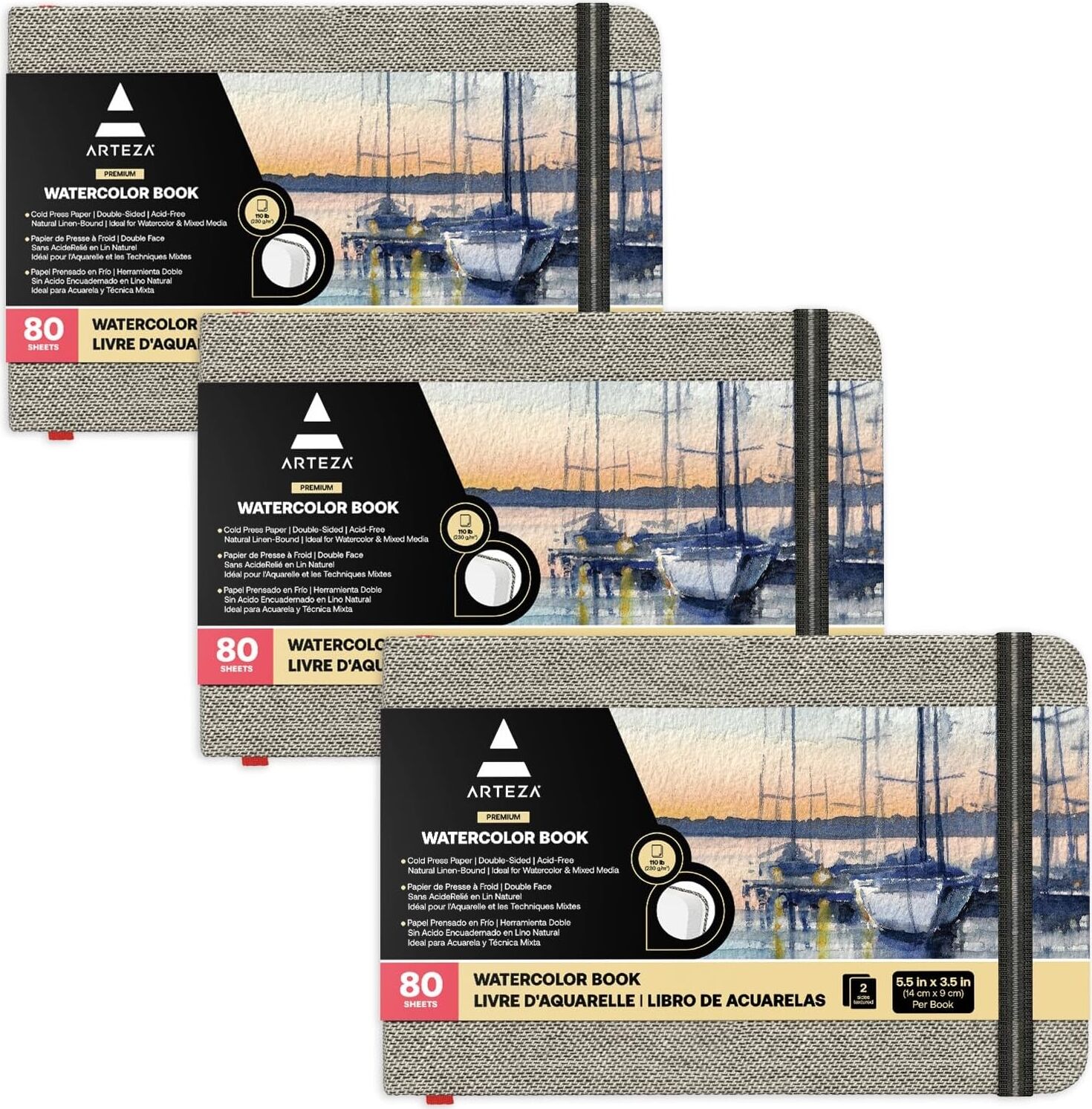 Arteza 3,5 x 5,5 Inç Suluboya Kitap, 3'lü Paket, Küçük Cep Pedleri, Günlük Başına 80 Sayfa, 110 LBS/230GSM, Iç Cepli ve Elastik Kayışlı, Suluboya Teknikleri ve Karışık Teknik Sanat Malzemeleri