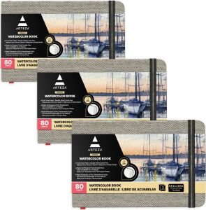Arteza 3,5 x 5,5 Inç Suluboya Kitap, 3'lü Paket, Küçük Cep Pedleri, Günlük Başına 80 Sayfa, 110 LBS/230GSM, Iç Cepli ve Elastik Kayışlı, Suluboya Teknikleri ve Karışık Teknik Sanat Malzemeleri