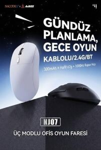 Kablosuz Gaming Mouse 12800 Dpı 3 Modlu Bluetooth 2.4g USB Kablolu 1000Hz Raporlama Hızı 67G Ultra Hafif 6 Tuş 300MAH Şarjlı Ofis Oyuncu Mouse |  NJ07 (Beyaz - NJ07)