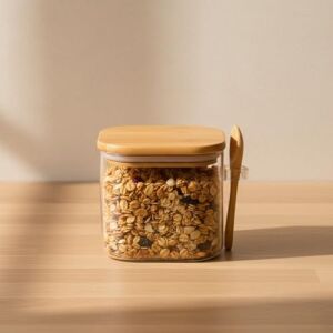 600 ml Bambu Kapaklı ve Kaşıklı Kare Cam Kavanoz, Vakumlu Ahşap Kapaklı Baharatlık, Kendinden Kaşık Yuvalı Şeker, Kahve ve Banyo Tuzu Saklama Kabı