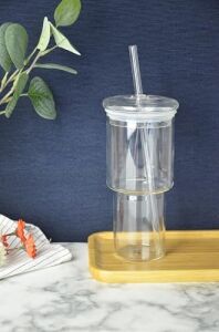 Bambu Kapaklı Cam Pipetli 450 ml Borosilikat Bardak