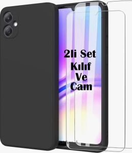 -  Galaxy A07 ile Uyumlu Kılıf Kamera Korumalı Yumuşak Renkli Silikon + 9h Ekran Koruyucu Cam 2in1 Set
