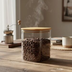 10X15 cm Bambu Kapaklı Kare Cam Saklama Kavanozu - Vakumlu Uzun Boy Şeffaf Erzak Kabı Bakliyat ve Kuruyemiş Saklama Kutusu Mutfak Düzenleyici Organizatör