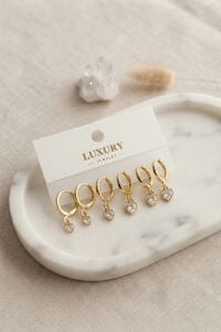 Kalp Zirkon Taşlı Gold Renk Pirinç Set Küpe
