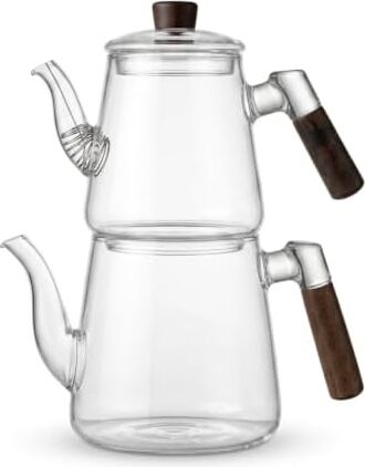 1000 ml + 750 ml Akasya Ahşap Kulplu Cam Çaydanlık Takımı - Isıya Dayanıklı Borosilikat Pürüzsüz Şeffaf Tasarım, Yaylı Süzgeçli Lüks Çaydanlık