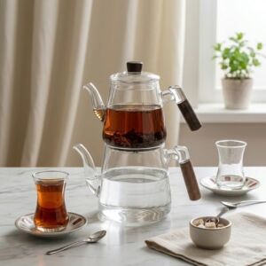 1000 ml + 750 ml Akasya Ahşap Kulplu Cam Çaydanlık Takımı - Isıya Dayanıklı Borosilikat Pürüzsüz Şeffaf Tasarım, Yaylı Süzgeçli Lüks Çaydanlık