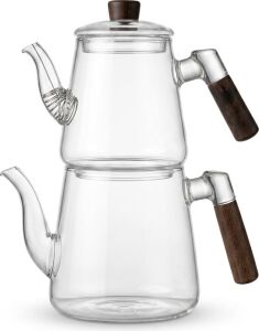 1000 ml + 750 ml Akasya Ahşap Kulplu Cam Çaydanlık Takımı - Isıya Dayanıklı Borosilikat Pürüzsüz Şeffaf Tasarım, Yaylı Süzgeçli Lüks Çaydanlık