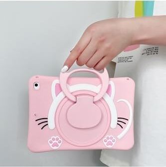 Covpor  Galaxy Tab A11 Plus / A9 Plus (11 Inç) ile Uyumlu Standlı Askılı Karakterli Çocuk Kılıfı Kedi Pembe