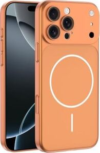 iPhone 17 Için Magsafe ile Uyumlu Parmak Izi Tutmayan Alüminyum Görünümlü Kılıf Süper Wireless Kablosuz Şarj Destekli Sert ve Dayanıklı Polikarbon Malzeme (Turuncu, iPhone 17)