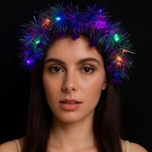 Kalp Püsküllü Gece Parıltısı 3 Modlu Led'li Işıklı Taç Mor Renk