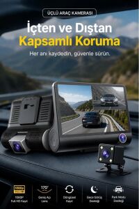 1080P 3 Kameralı Araç Içi Kamera Gece Görüşlü Geri Görüş Destekli G Sensörlü Geniş Açılı