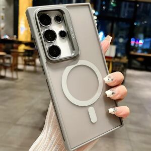 Galaxy S24 Plus ile Uyumlu Kamera Lens Aparatlı Stand Olabilen Magsafe ile Uyumlu Kamera Korumalı Şeffaf Full Color Magnetic Wireless Telefon Kılıfı (Titanyum, Galaxy S24 Plus)