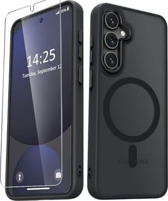 -  Galaxy S25 Fe ile Uyumlu Kılıf Mat Magsafe ile Uyumlu Şarj Özellikli Renkli Kenarlı + Ekran Koruyucu Cam Set - Siyah