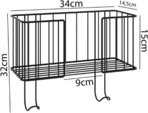 Kapı Arkası Ütü Masası Askı Aparatı, Metal Tel Sepetli, Siyah, 34X14,5X15 cm