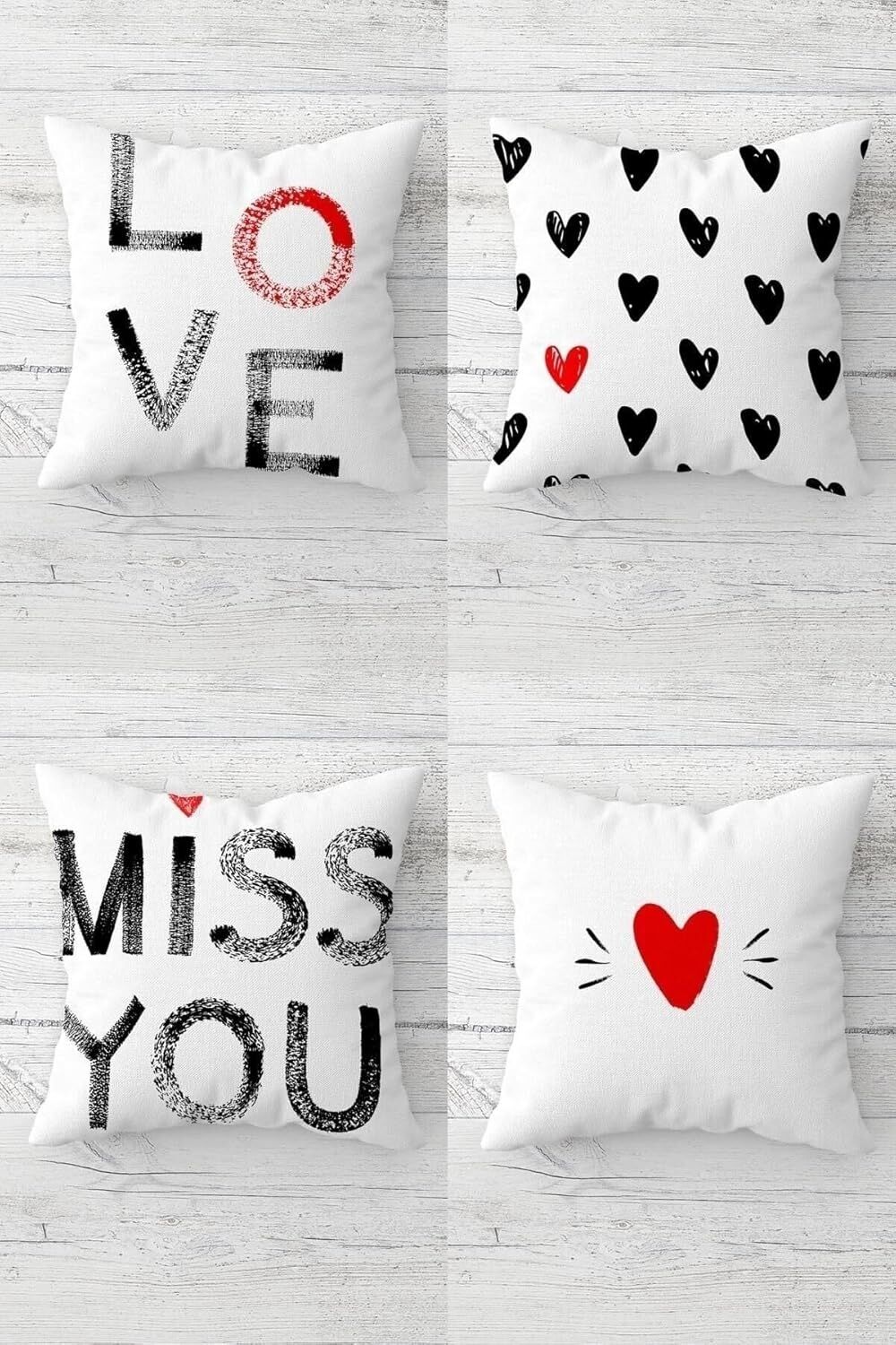 Miss You Love Sevgili Temalı Gizli Fermuarlı Kırlent Kılıfı Koltuk Yastık Kılıfı TAKIM(4ADET), Gri-Kırmızı-Beyaz 43 x 43