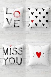 Miss You Love Sevgili Temalı Gizli Fermuarlı Kırlent Kılıfı Koltuk Yastık Kılıfı TAKIM(4ADET), Gri-Kırmızı-Beyaz 43 x 43