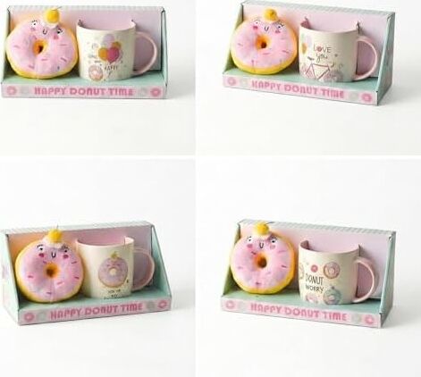 Donut Peluş Anahtarlıklı Porselen Kupa - Sürpriz 4 Farklı Modelden Biri - Hediyelik Sevimli Kupa Bardak ve Yumuşak Anahtarlık Seti (Asorti/karışık 1 Adet)