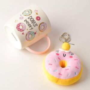 Donut Peluş Anahtarlıklı Porselen Kupa - Sürpriz 4 Farklı Modelden Biri - Hediyelik Sevimli Kupa Bardak ve Yumuşak Anahtarlık Seti (Asorti/karışık 1 Adet)