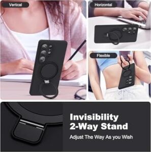 -  Galaxy S24 Ultra ile Uyumlu Kılıf Magsafe ile Uyumlu Halkalı Extra Standlı Içi Kadife Yumuşak Renkli Silikon Kapak - Siyah