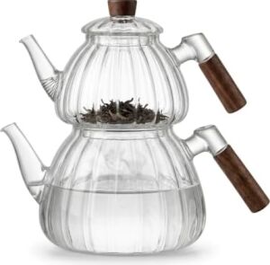 Akasya Cam Çaydanlık Takımı 1500 ml + 600 ml - Ahşap Kulplu, Çizgili Tasarım Isıya Dayanıklı Borosilikat Şeffaf Çaydanlık