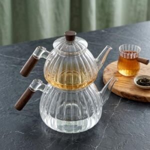 Akasya Cam Çaydanlık Takımı 1500 ml + 600 ml - Ahşap Kulplu, Çizgili Tasarım Isıya Dayanıklı Borosilikat Şeffaf Çaydanlık