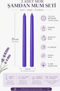 2’li Mor Şamdan Mum Seti 25 cm – Dekoratif Ince Şamdan Mum, Kokusuz Parafin WAX,%100 Pamuk Fitil, El Döküm, Uzun Süre Yanma (~10 Saat), Şık Sofra, Davet, Nişan, Düğün ve Ev Dekorasyonu Için Zarif