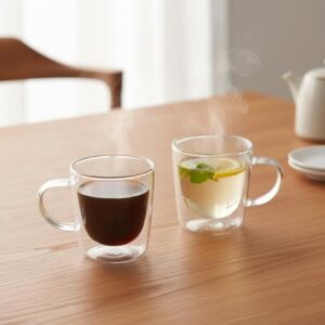 2'li Çift Cidarlı Kulplu Cam Fincan Seti - 100 ml Isıya Dayanıklı Espresso ve Türk Kahvesi Bardağı - El Yakmayan Modern Tasarım (2 Adet)
