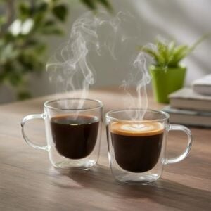 2'li Çift Cidarlı Kulplu Cam Fincan Seti - 100 ml Isıya Dayanıklı Espresso ve Türk Kahvesi Bardağı - El Yakmayan Modern Tasarım (2 Adet)
